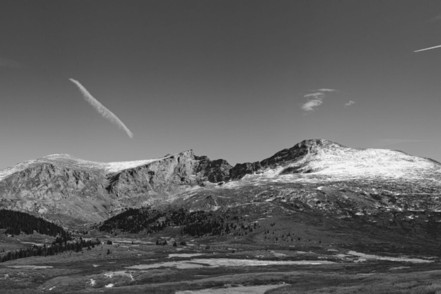 beautiful, varying landscape of Mt Bierstadt with a nearly clear sky; black and white